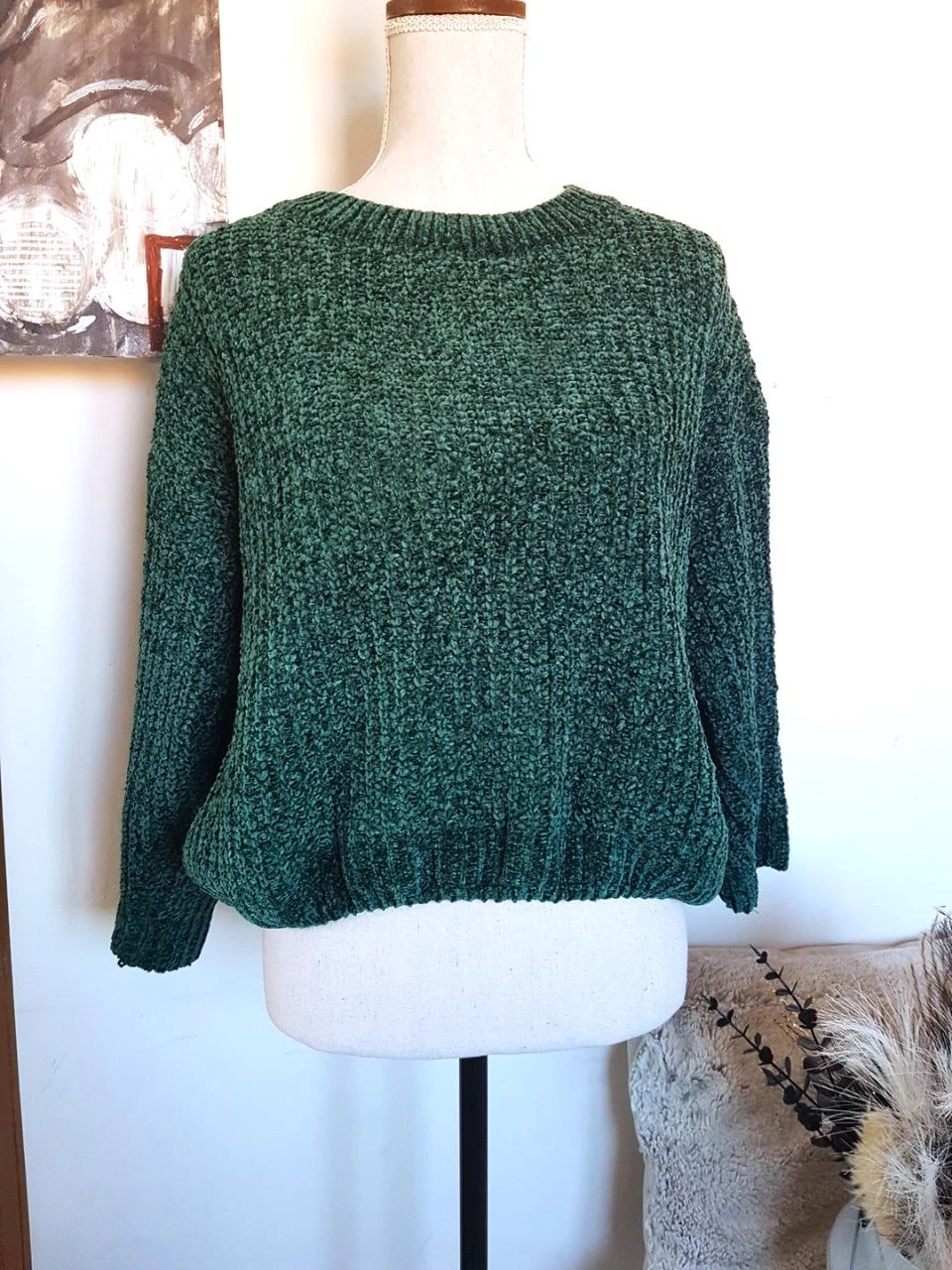 💚Pull court en maille chenille vert émeraude chiné – T. 40/42 (M/L)